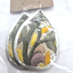 Embroidered Flower Teardrop Earring Yellow Green Silver Tone Fishhook Ear Wires